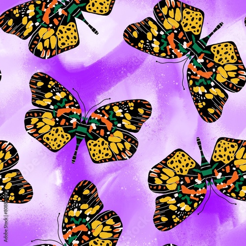 Abstract Hand Drawing Digital Painting Colorful Butterflies Seamless Pattern with Old Grunge Watercolor Textured Background photo