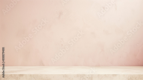 Minimalist pink plaster wall with white marble shelf and rough concrete base. Empty copy space. Natural lighting and shadows. Generative AI photo