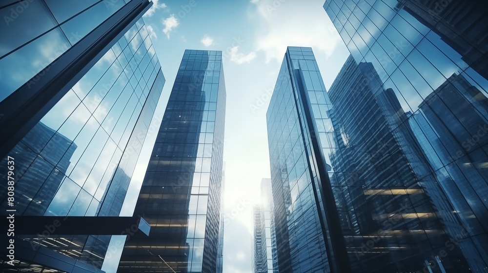 Low angle image of typical contemporary office towers, tall structures with glass facades. financial and economic foundation concepts.