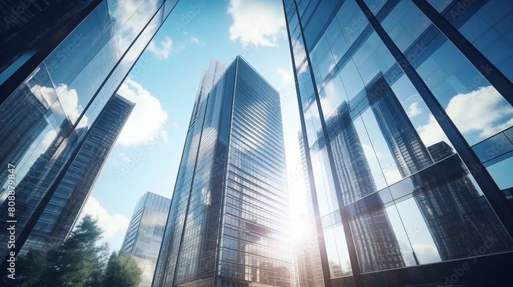 Low angle image of typical contemporary office towers, tall structures with glass facades. financial and economic foundation concepts.
