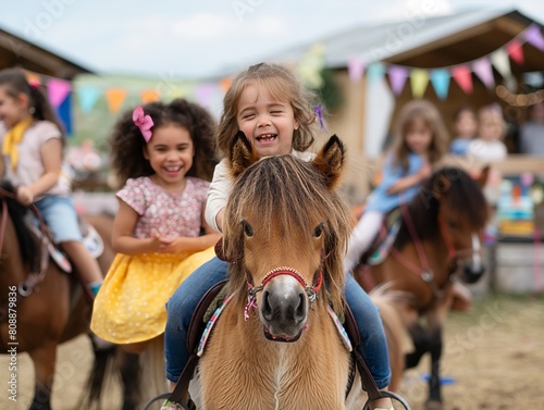 A group of children are riding horses at a fair. One of the girls is wearing a yellow dress