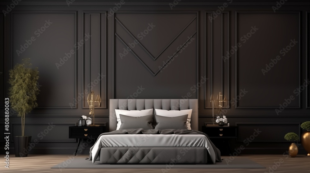 Fototapeta premium Luxurious large bedroom with black dark gray walls and a bed. Deep rich colors grey, graphite and white. Blank mockup background design room.