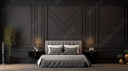 Luxurious large bedroom with black dark gray walls and a bed. Deep rich colors grey, graphite and white. Blank mockup background design room.