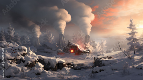 A picturesque scene of agaricus mushrooms on a snowy hillside with a cozy, smoke-coming-from-the-chimney cabin in the distance. photo