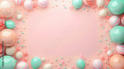 a series of soft, pastel-colored balloons in various shapes and sizes, giving the sense of a gentle celebration on a pale pink background. Created Using: playful balloon motifs, subtle shadows