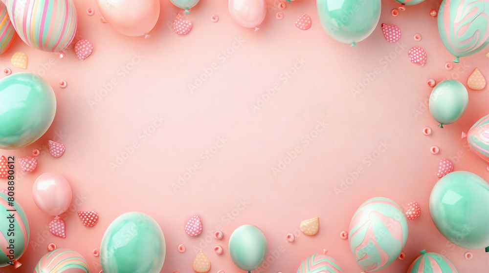 a series of soft, pastel-colored balloons in various shapes and sizes, giving the sense of a gentle celebration on a pale pink background. Created Using: playful balloon motifs, subtle shadows