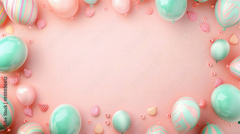 a series of soft, pastel-colored balloons in various shapes and sizes, giving the sense of a gentle celebration on a pale pink background. Created Using: playful balloon motifs, subtle shadows a series of soft, pastel-colored balloons in various shapes and sizes, giving the sense of a gentle celebration on a pale pink background. Created Using: playful balloon motifs, subtle shadows