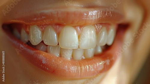 Closeup of a womans peachcolored smile, showcasing her white teeth