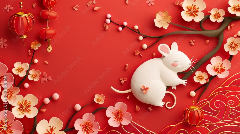 An auspicious rat year banner with a sleeping white mouse and plum blossoms in a paper art style An auspicious rat year banner with a sleeping white mouse and plum blossoms in a paper art style
