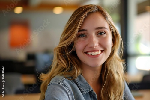 Smiling young Caucasian woman in a professional office environment