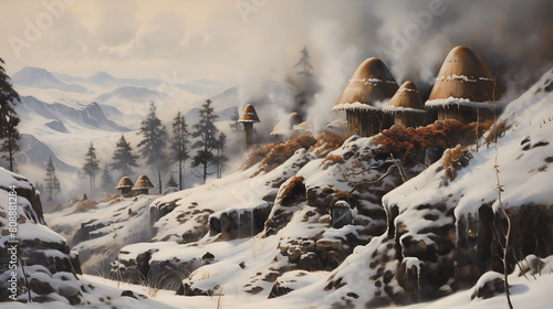 A picturesque scene of agaricus mushrooms on a snowy hillside with a cozy, smoke-coming-from-the-chimney cabin in the distance. photo