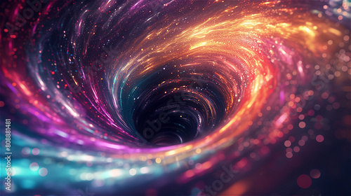 Colorful abstract background with a black hole and colorful light swirls