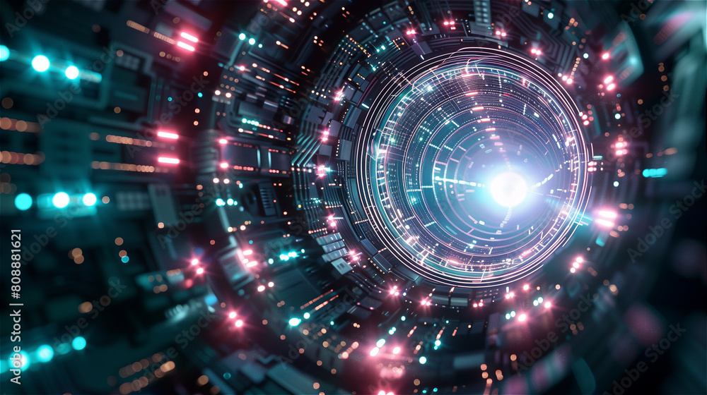 Obraz premium Futuristic digital background with abstract futuristic glowing circular portal and circuit board