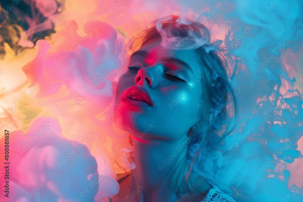 Vibrant Neon Smoke Explosion Abstract Background Featuring a Young Caucasian Woman
