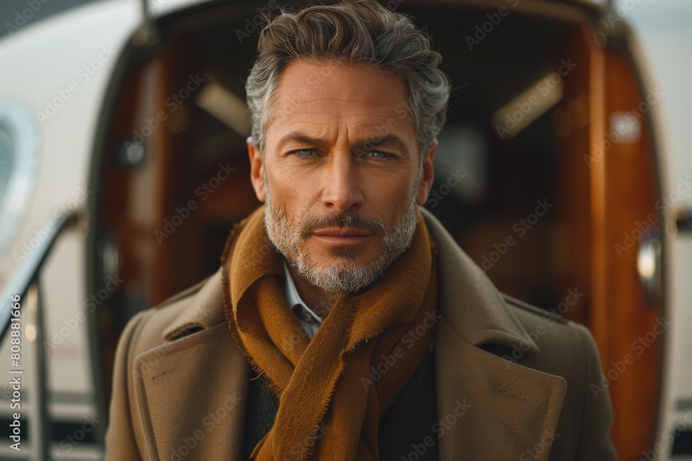 A handsome man exuding luxury and presence in a classy winter ensemble inside a jet A handsome man exuding luxury and presence in a classy winter ensemble inside a jet