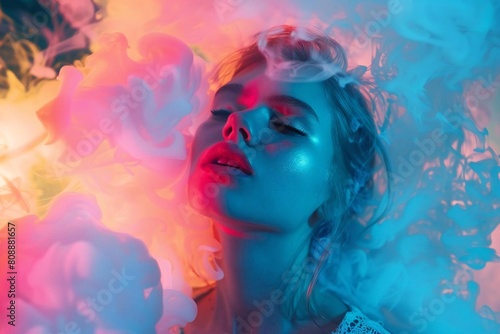 Vibrant Neon Smoke Explosion Abstract Background Featuring a Young Caucasian Woman