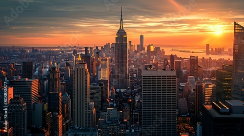 Empire State Building  Manhattan Downtown Skyline at Amazing Golden Sunset.