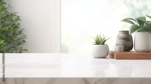 Marble stone empty table top of kitchen island on white modern kitchen interior background. Scene stage showcase for montage you products  promotion sale or advertising.