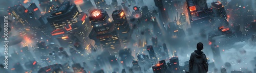 Capture a haunting rear view of a scifi dystopian cityscape