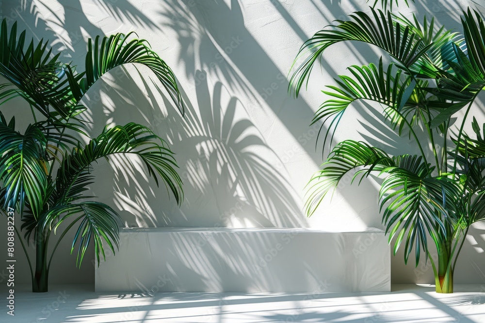A serene scene of lush green palm leaves casting dynamic shadows on a clean white background, radiating a calm and tranquil vibe A serene scene of lush green palm leaves casting dynamic shadows on a clean white background, radiating a calm and tranquil vibe