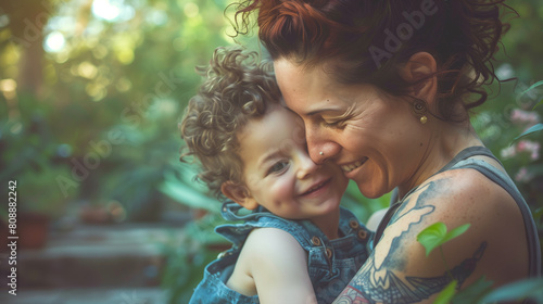 A tattooed mom holds her baby little boy in her arms and smiles photo