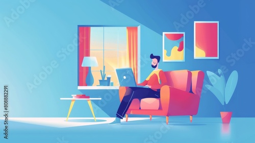 During the COVID-19 outbreak, an individual attends an online meeting at home, flat style illustration with a blue background photo