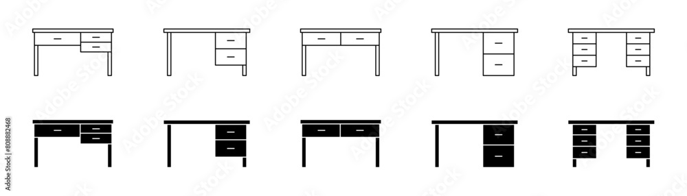 Office table icons set. Office desk, workplace icons collection. Vector Office table icons set. Office desk, workplace icons collection. Vector