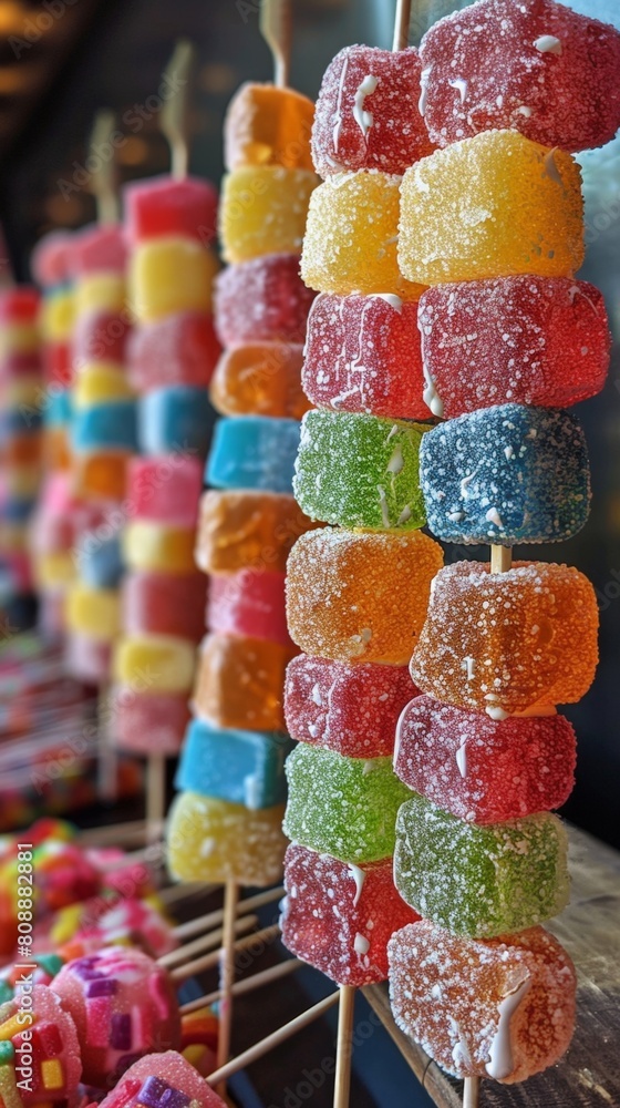 Vibrant Assortment of Sugar-Coated Gummy Candies on Sticks at a Candy Shop Display Vibrant Assortment of Sugar-Coated Gummy Candies on Sticks at a Candy Shop Display
