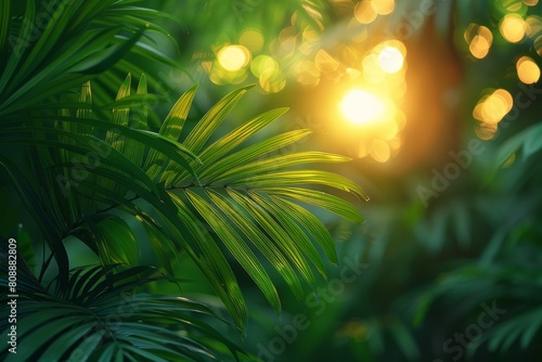 A close-up of vibrant green palm leaves with soft bokeh lights in the background, creating a peaceful atmosphere