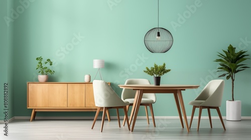Mint color chairs at round wooden dining table in room with sofa and cabinet near green wall. photo