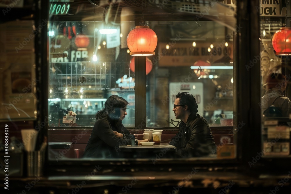 The moment of an intense conversation between two persons in a dimly lit, vintage diner, with reflections in the window setting the mood