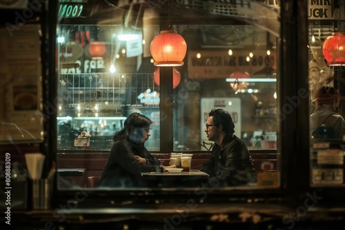 The moment of an intense conversation between two persons in a dimly lit, vintage diner, with reflections in the window setting the mood