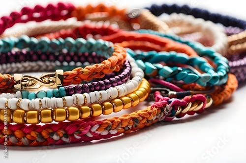 A row of colorful bracelets with a white background 