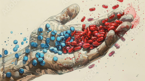 Medicine blue and red pills or capsules in hand, medicine in palm.