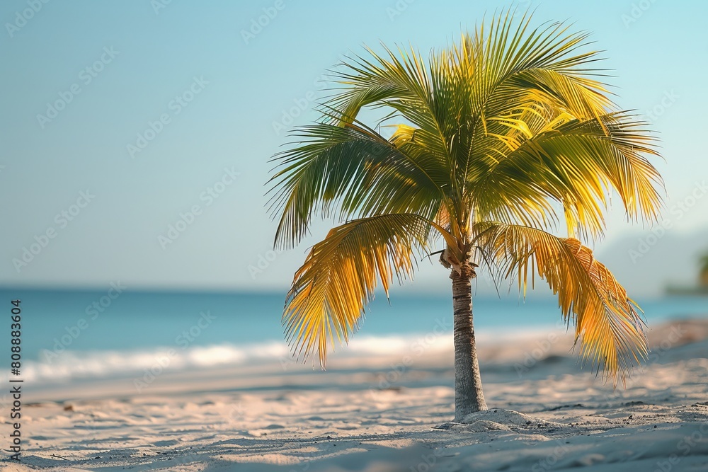 Beautiful image of a single palm tree standing tall on white sandy beach with clear blue sky in the background