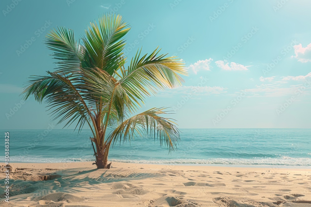 Fototapeta premium An image showing a lone palm tree on an empty beach with calm blue ocean and clear sky