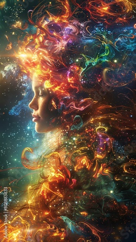 a cosmic female emanating a sensual aura, her hair ablaze with fire, exuding elegance and grace within the vast expanse of the cosmic cosmos