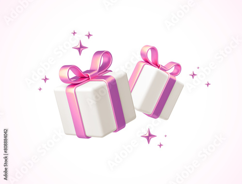 Gift boxes isolated on white. 3d white gift boxes with pink ribbon and bow. Birthday celebration concept. Vector illustration.