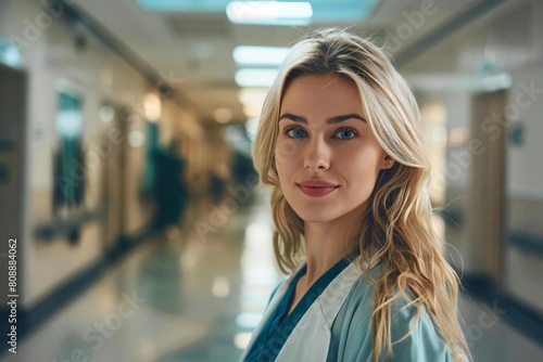 Blonde Woman in Medical Reception Hallway with Blurred Background