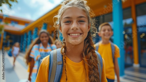 Cheerful Schoolgirl with Backpack Smiling Outside Colorful School Building © Jullia