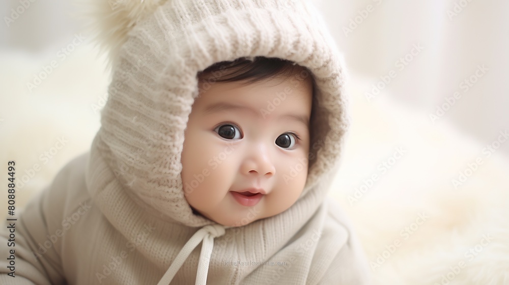 portrait of a cute smiling baby. Cute baby in bed on his stomach with his head up looking with his big eyes. Warm and soft beige clothing. Close up. portrait of a cute smiling baby. Cute baby in bed on his stomach with his head up looking with his big eyes. Warm and soft beige clothing. Close up.