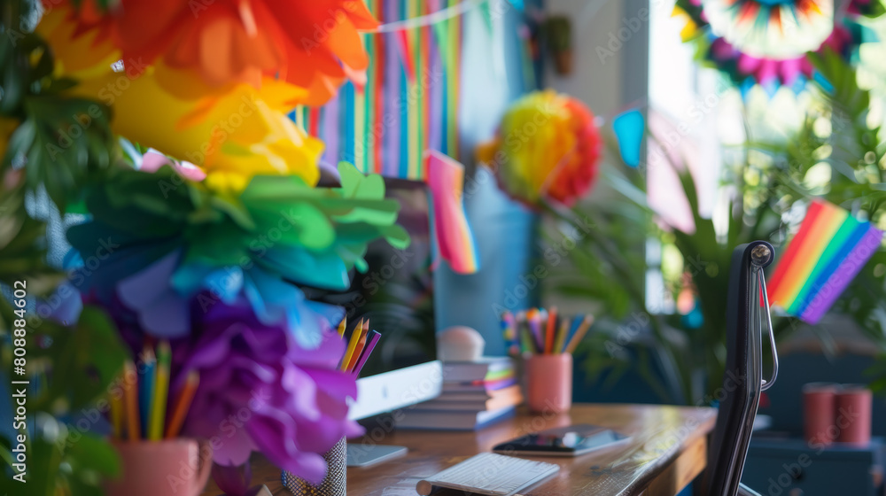 Fototapeta premium Office with LGBT accessories and decoration. LGBTQ culture Stock Photo photography