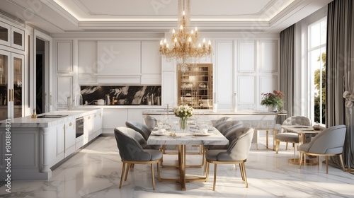 Modern classic white kitchen in a luxury apartment. Large island with marble top, dining table with armchairs, marble floor, luxurious chandelier, gilded details, modern kitchen appliances. © rehman