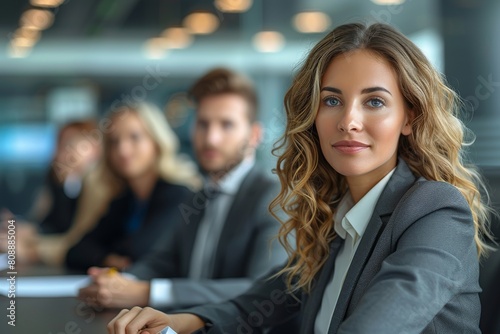 A confident businesswoman with an attentive look during a meeting Focus on the individual with blurred background