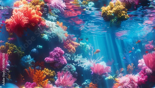 Dive into the depths of a tropical coral reef  utilizing advanced drones for a high-angle shot Merge the vibrant hues of marine life with a cyberpunk twist to captivate viewers