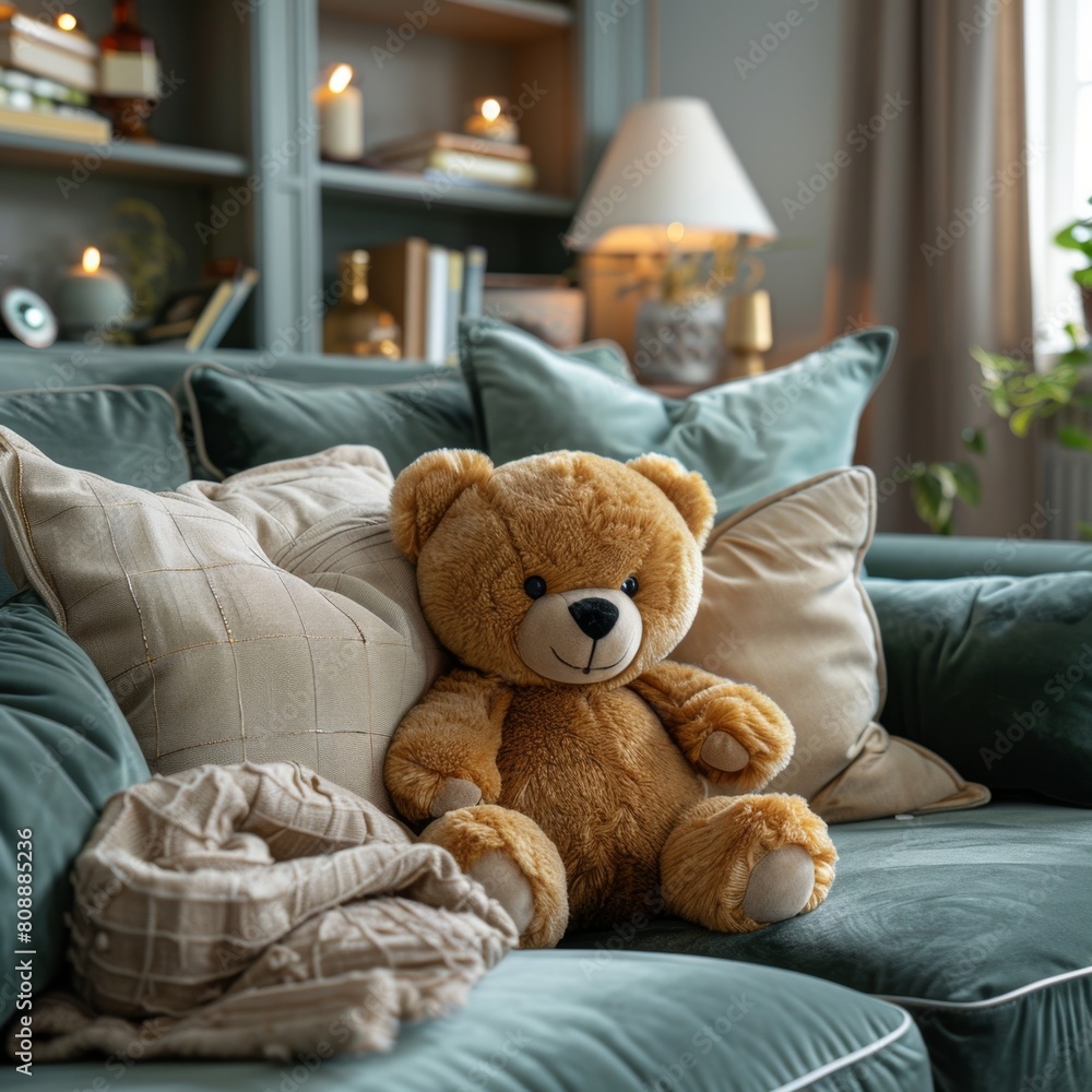 Close up of a cute little bear doll lying on a light green velvet sofa with beige pillows, modern living room, home  interior design,4K Wallpaper