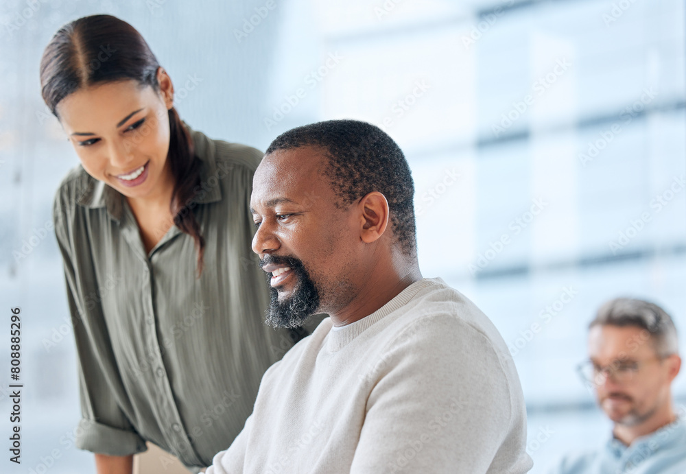 Collaboration, help and smile with business people in office together for advice or assistance. Company, planning or teamwork with man and woman employee in workplace for chatting or discussion