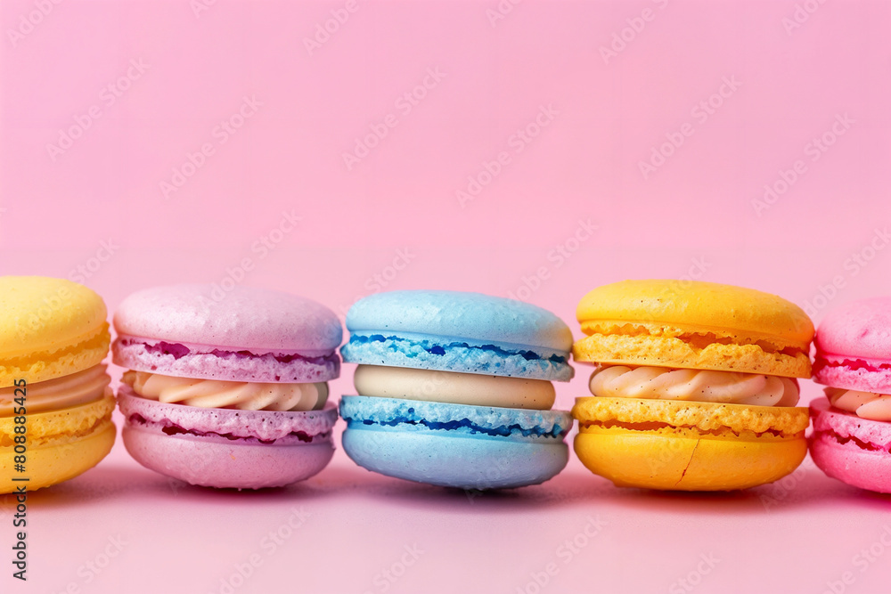 Studio photography of trendy and fun French macarons, arranged in a colorful and artistic display, vibrant colors Studio photography of trendy and fun French macarons, arranged in a colorful and artistic display, vibrant colors