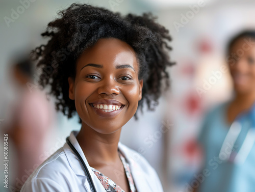 Blurred foreground features a happy African American woman standing alongside a doctor, while a banner fills the background.
