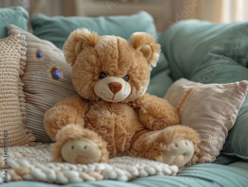 Close up of a cute little bear doll lying on a light green velvet sofa with beige pillows, modern living room, home  interior design,4K Wallpaper